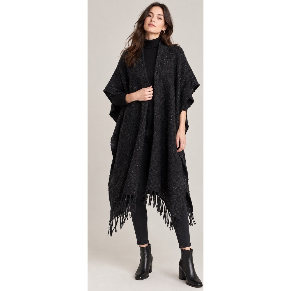 Gene Stucky Hand Woven Black Ruana Poncho Wrap Fringe Boho Artisan